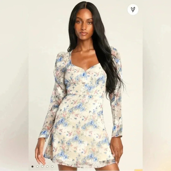 Lulus Dresses & Skirts - LULU'S Lovely Type Ivory Floral Print Puff Sleeve A-Line Mini Dress Sz Medium